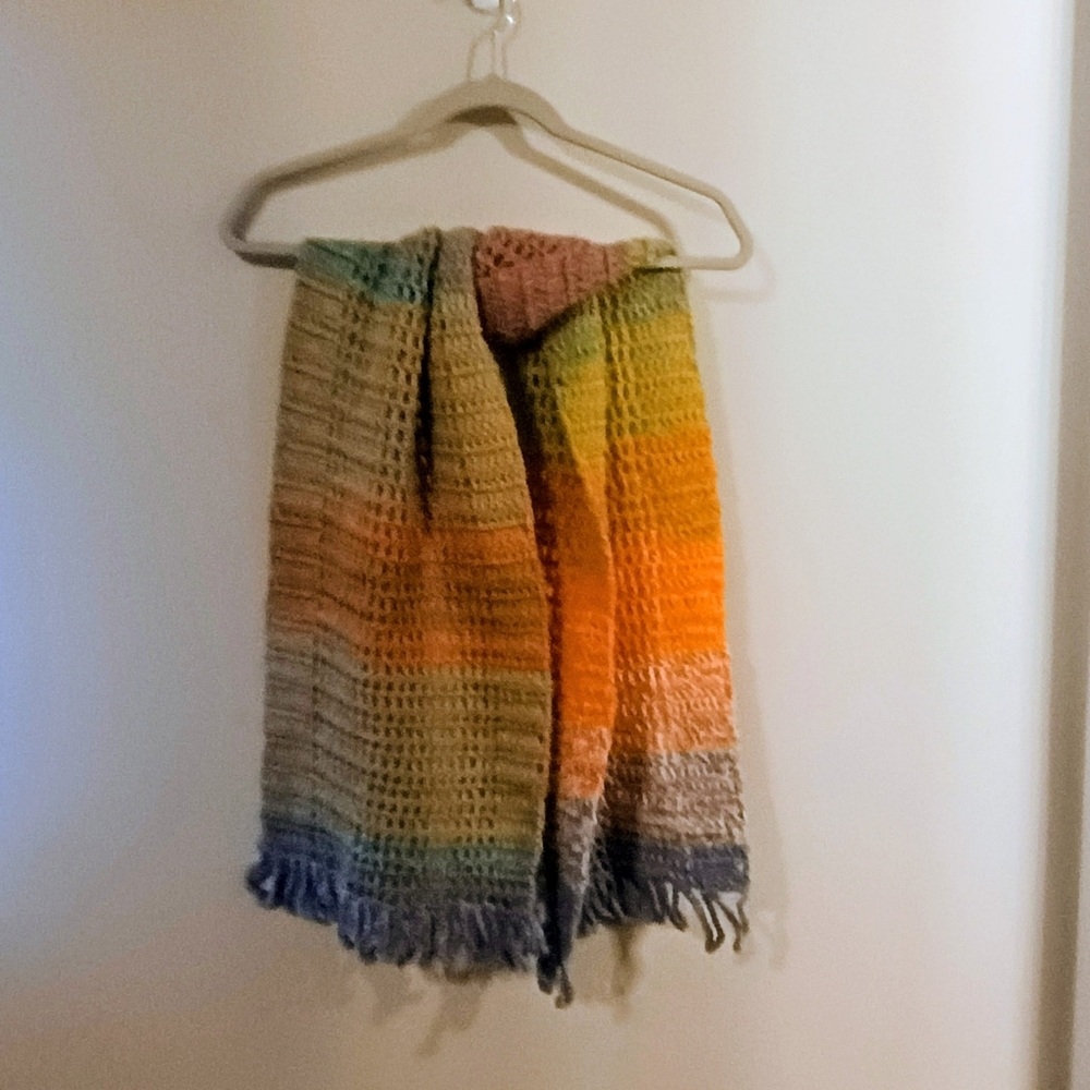 Vintage Handmade Crocheted Gradient Scarf in Orange, Yellow & Blue - Picture 4 of 4
